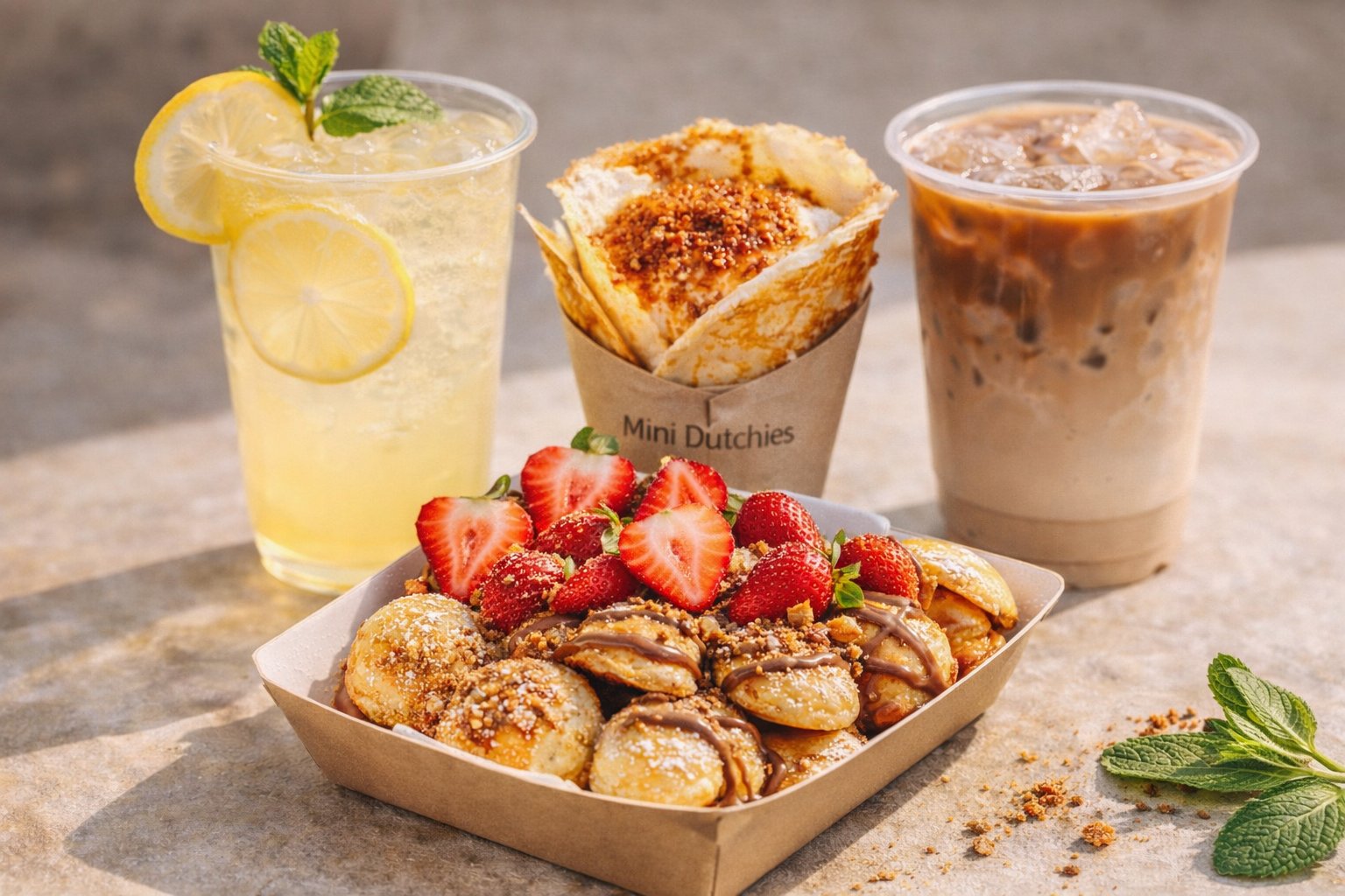 Mini Dutchies — Dutch mini pancakes, brûléed crêpe, fresh lemonade and iced coffee